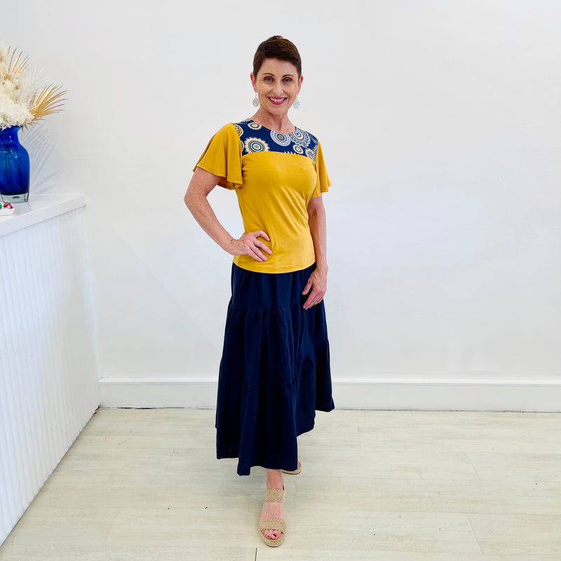 Navy blue long linen skirt with 3 tier gathered skirt and elastic waistband. Made in Australia. Shop located in Gymea Sydney, NSW, Australiaa,