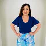 Navy blue bamboo, short sleeve, round neckline, women's top. 