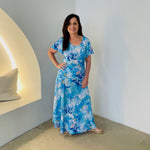 Blue floral, round neckline, short wave sleeve top with matching maxi length skirt.