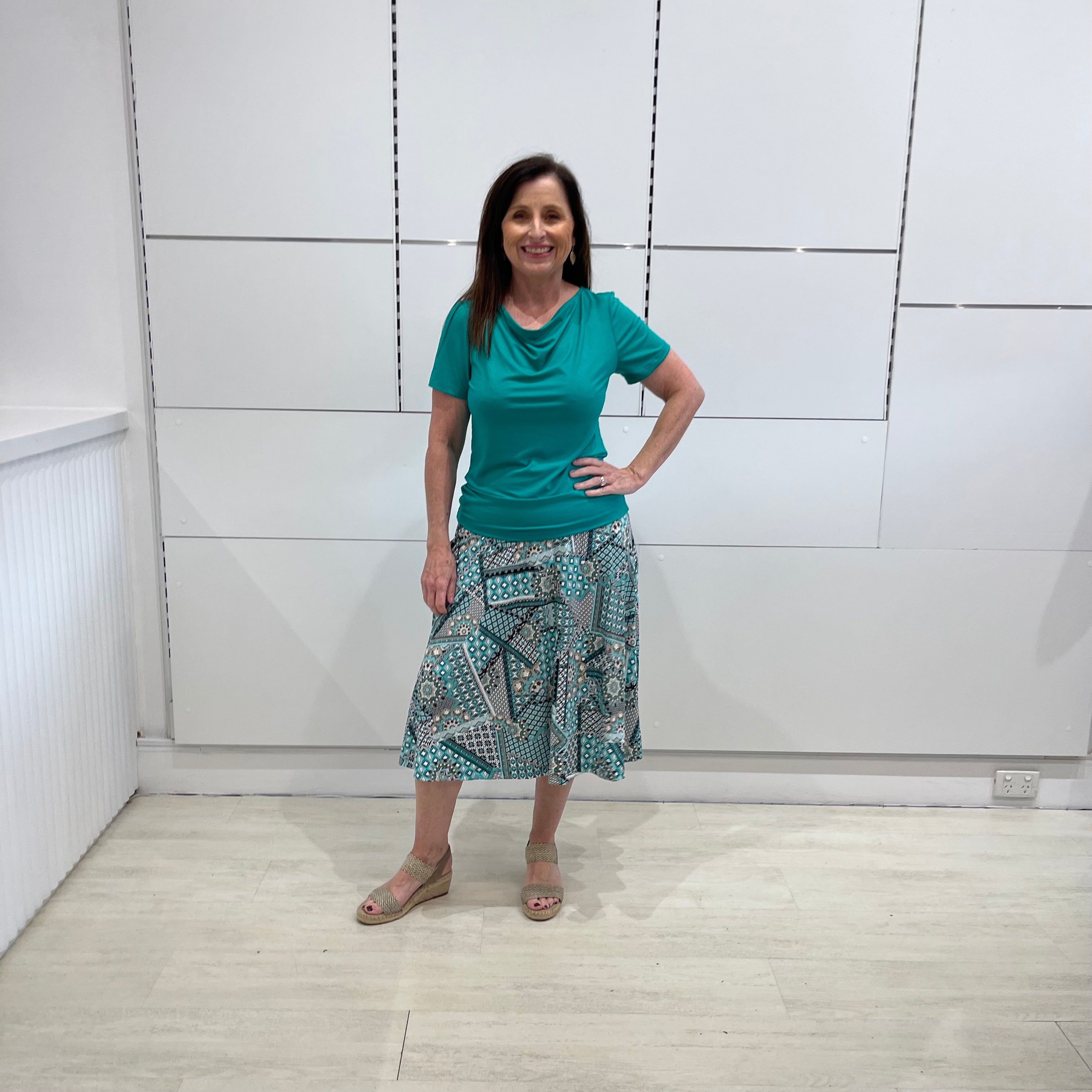 Emerald Green bamboo, cowl neckline, short sleeve top, with long maxi skirt.