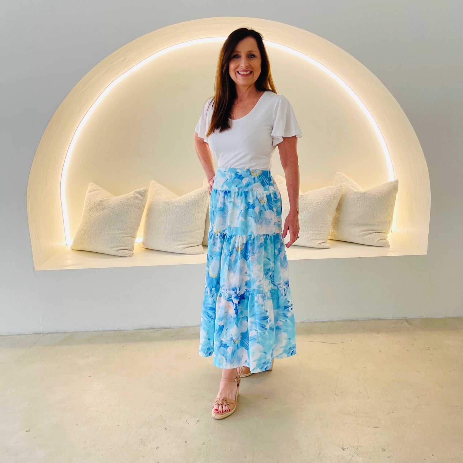 Blue & white floral print, long, gathered linen skirt, with elastic waistband