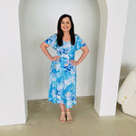 Blue & white floral print, midi length, stretch, a-line skirt,with stretch elastic waistband, blue floral print,short sleeve, round neck top