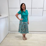 Emerald Green bamboo, cowl neckline, short sleeve top, with long maxi skirt.