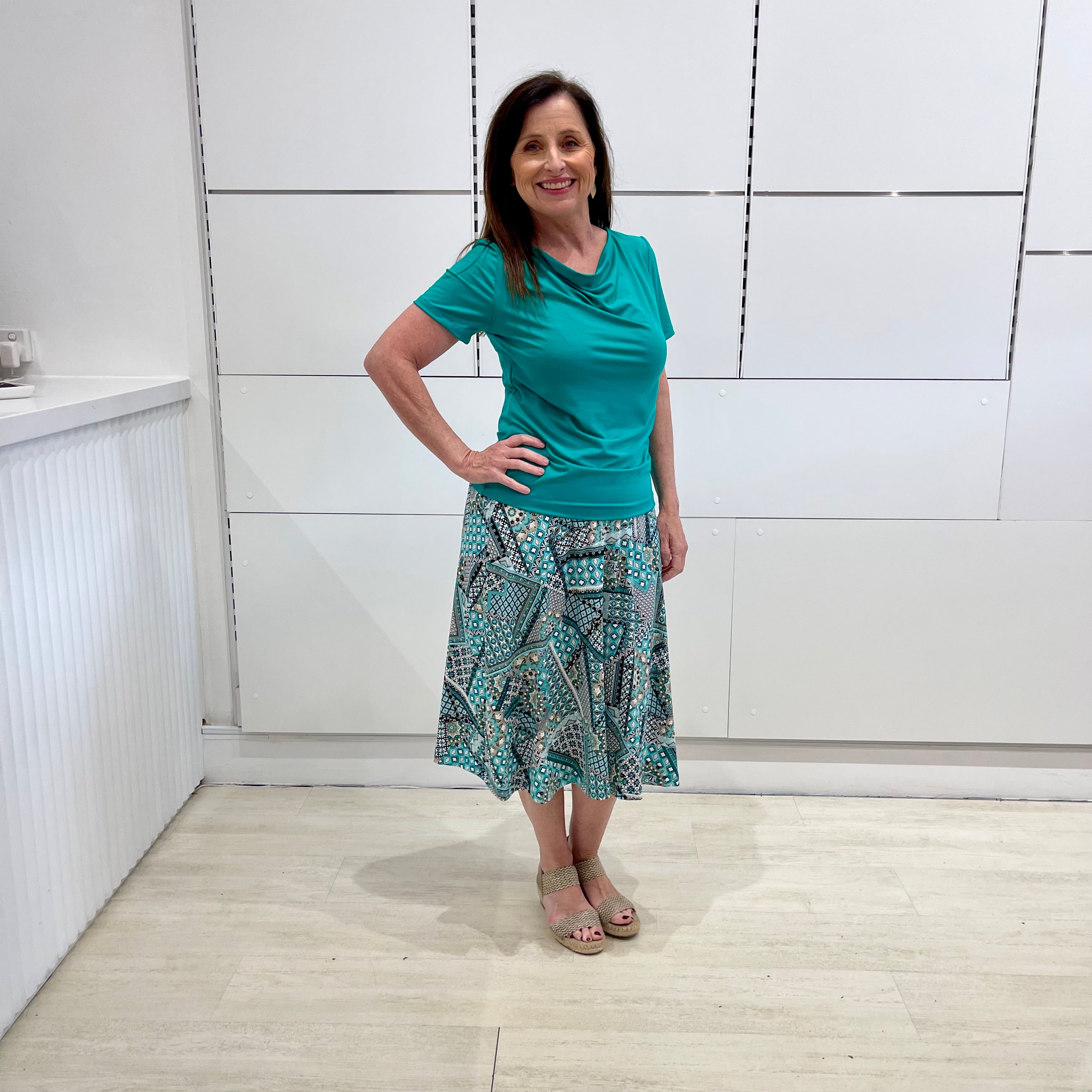 Emerald Green bamboo, cowl neckline, short sleeve top, with long maxi skirt.