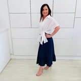 Navy Linen Ruffled Hemline Skirt