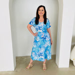 Blue & white floral print, midi length, stretch, a-line skirt,with stretch elastic waistband, blue floral print,short sleeve, round neck top