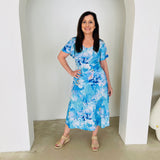 Blue & white floral print, midi length, stretch, a-line skirt,with stretch elastic waistband, blue floral print,short sleeve, round neck top