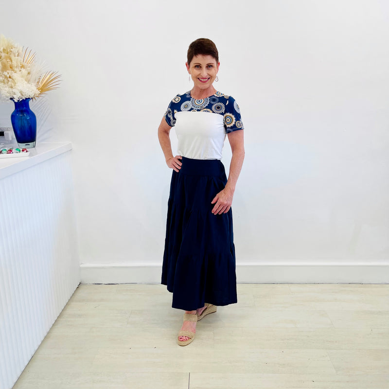 Long navy blue linen skirt tiered gathered skirt with elastic waistband. Made in Australia. 