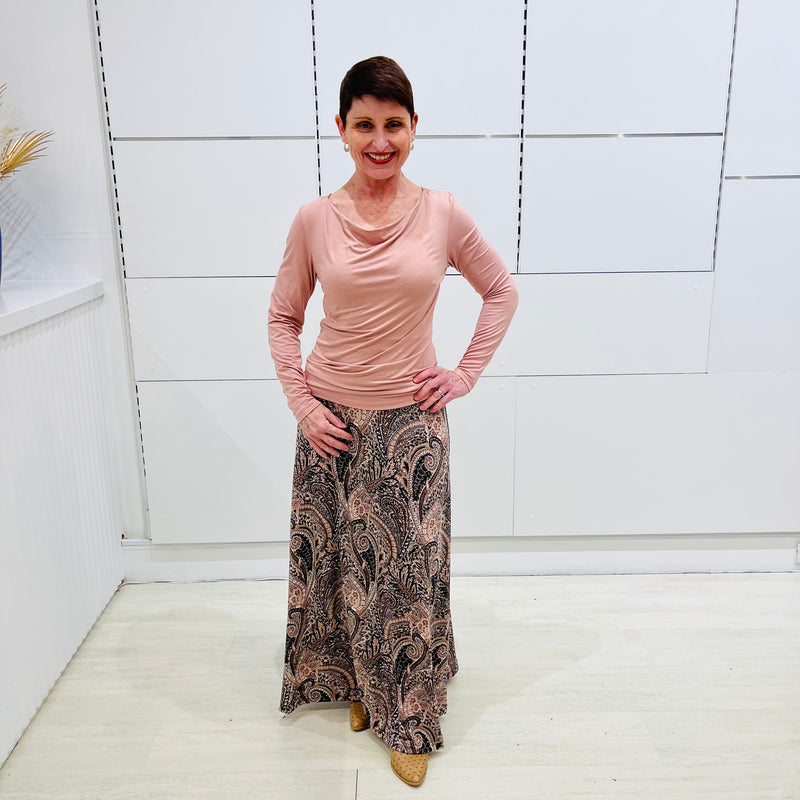 Colourful, printed, stretch, pink paisley, long, maxi, A line skirt, with wide waistband. Pale pink, bamboo, long sleeve, semi fitted, cowl neckline top