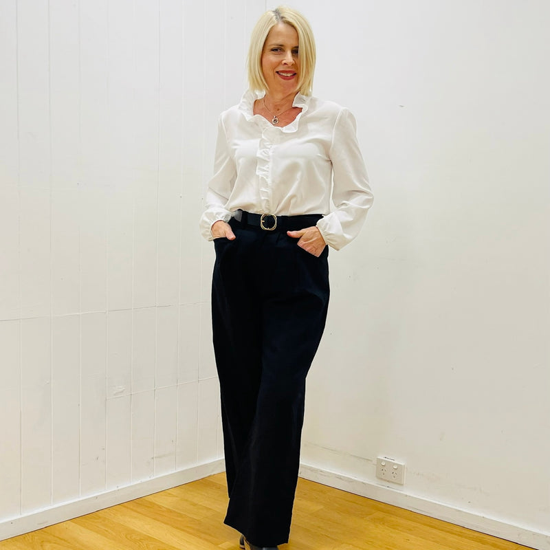 White Ruffled Front Daisy Charm Blouse