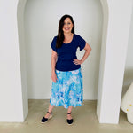 Blue & white floral print, midi length, stretch, a-line skirt,with stretch elastic waistband, navy, short sleeve, round neck top