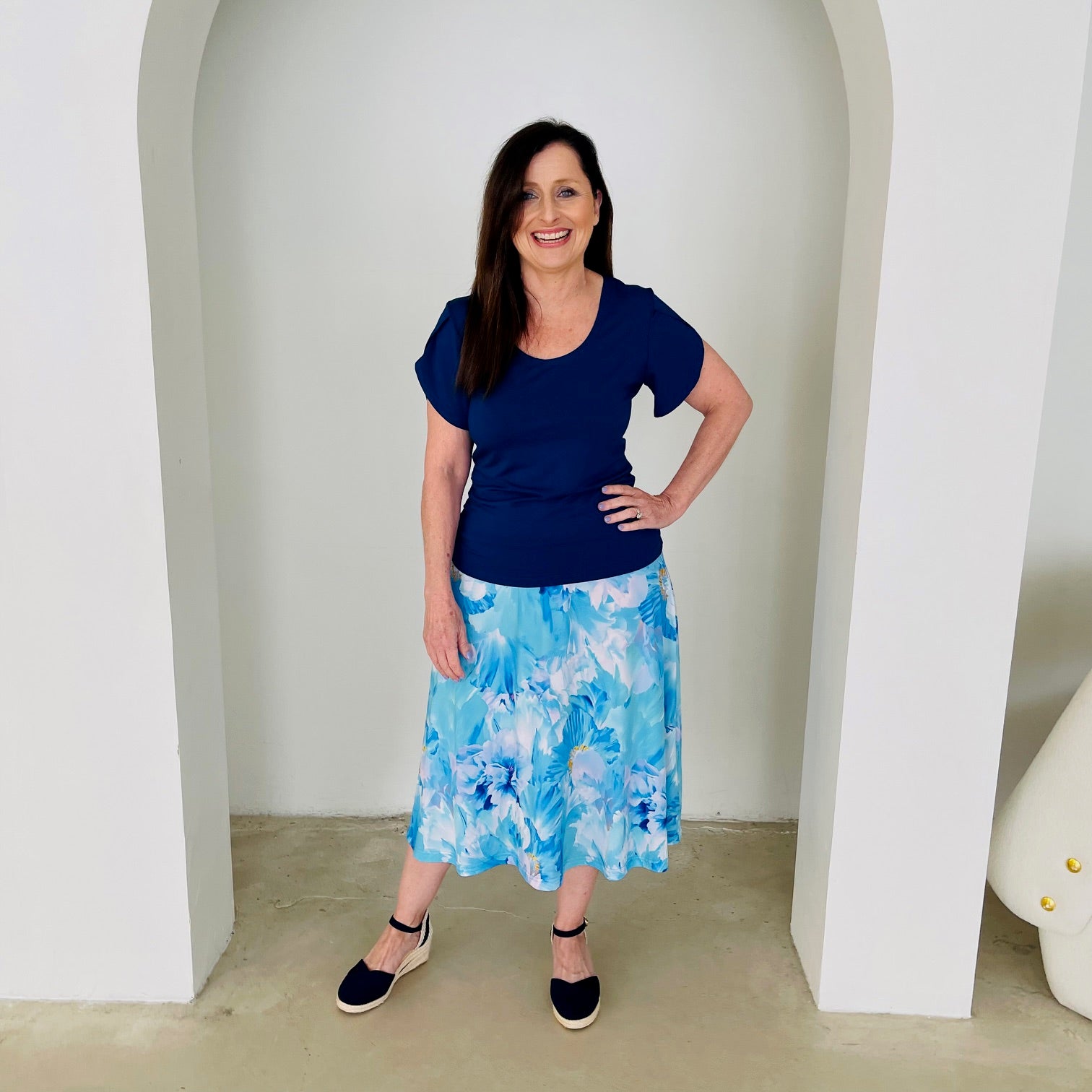 Blue & white floral print, midi length, stretch, a-line skirt,with stretch elastic waistband, navy, short sleeve, round neck top