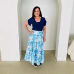 Navy bamboo, round neckline,short sleeve top. With maxi length floral linen skirt.