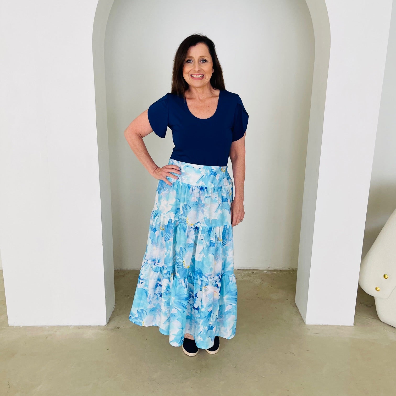 Navy bamboo, round neckline,short sleeve top. With maxi length floral linen skirt.