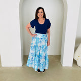Navy bamboo, round neckline,short sleeve top. With maxi length floral linen skirt.