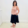 Black linen, midi length, skirt with lace detail on hemline,stretch elastic waistband, worn with pale pink bamboo, sleeveless, summer top.