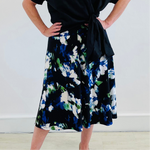 Abstract pattern skirt, of colours black, blue, white& green, midi length, a line skirt, with stretch elastic waistband.