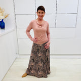 Colourful, printed, stretch, pink paisley, long, maxi, A line skirt, with wide waistband. Pale pink, bamboo, long sleeve, semi fitted, cowl neckline top