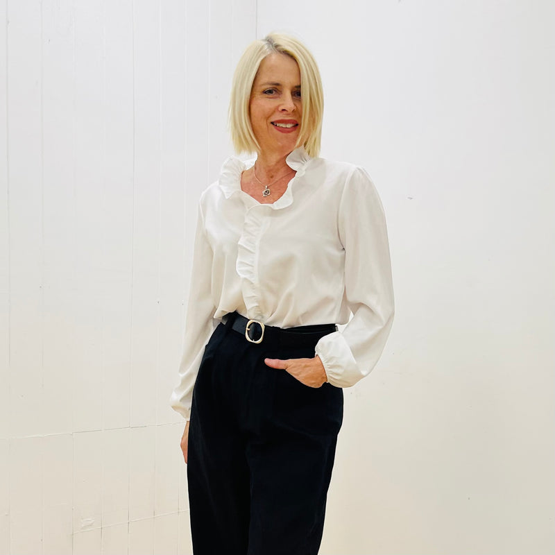 White Ruffled Front Daisy Charm Blouse