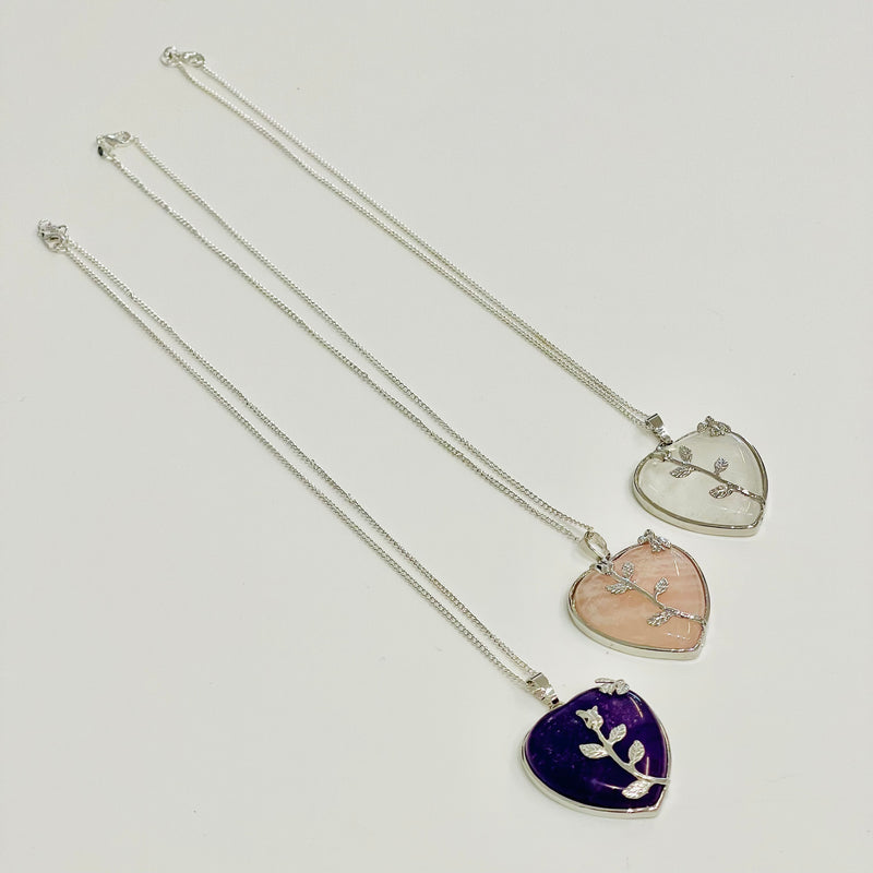Love heart amethyst rose quartz clear quartz crystal silver necklace