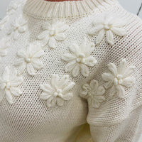 Creamy white, cotton jumper|sweater, with daisy embroidered detail on neckline. Relaxed roomy loose line fit women's jumper.