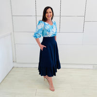 Navy Linen Ruffled Hemline Skirt