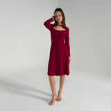 Woman wearing a burgundy dress on a plain background