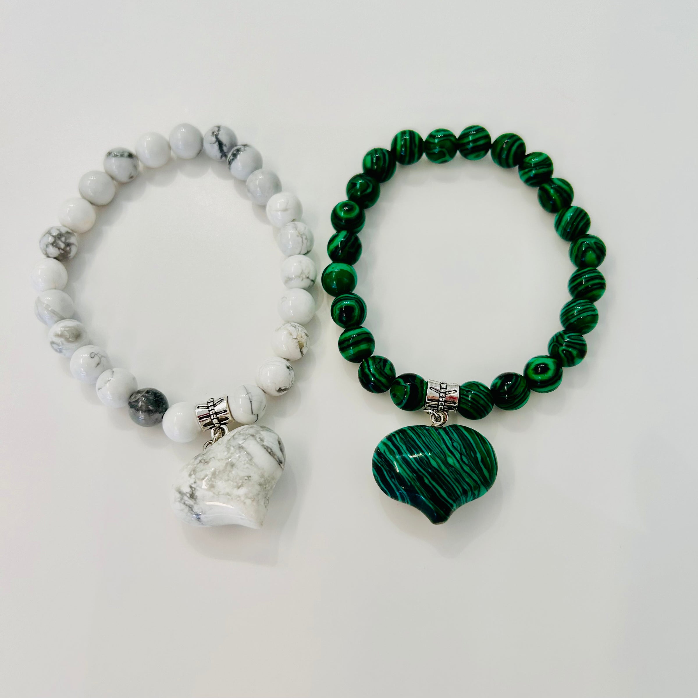 Malachite and White Jasper Beaded Bracelets - Love Heart Charm