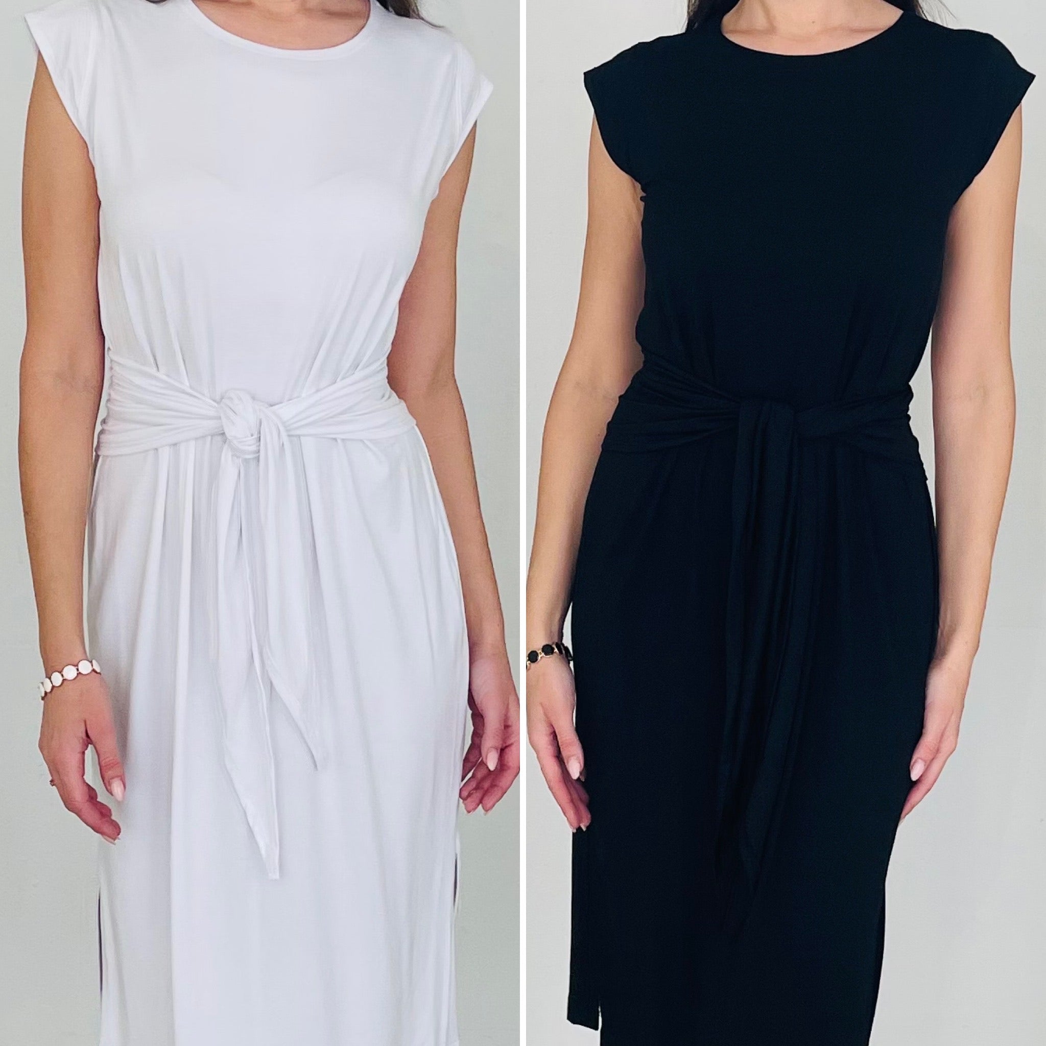 Two dresses, one white and one black, worn by a person on a plain background.