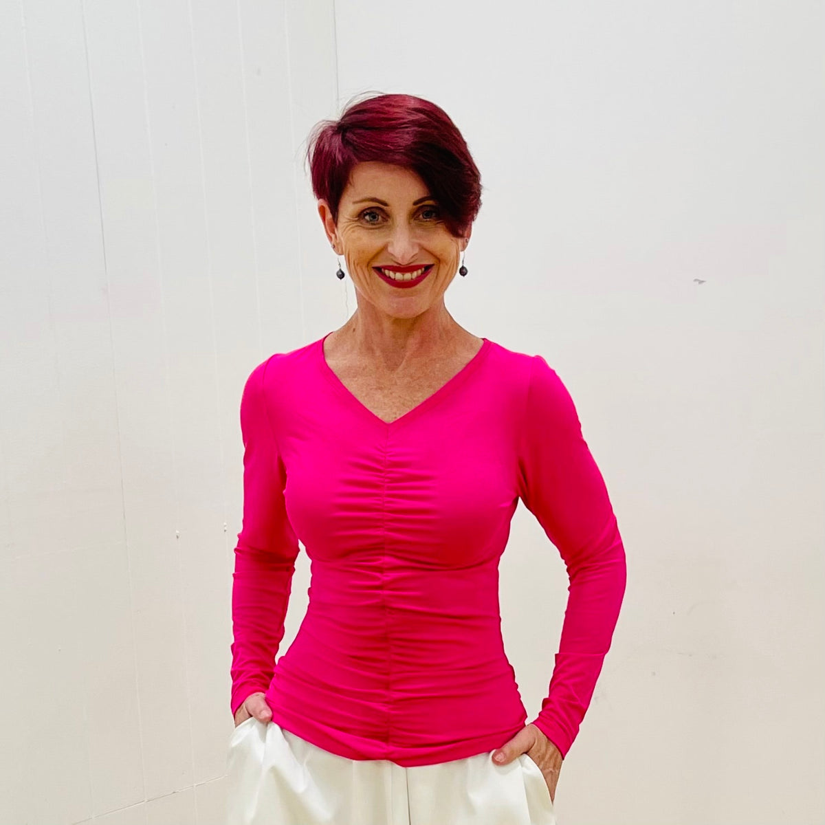 Rose Pink Bamboo blend long sleeved v-neck top with centre front ruched detail by True Reflections Clothing by Just Audrey Gymea