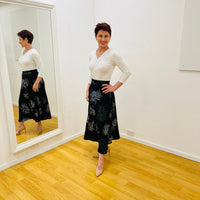 Navy Floral Print Midi Skirt Flared half circle skirt fitted waistband, centre back invisible zipper, fully lined,