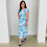 Blue,white,navy floral print, round/boat neckline, capped sleeve, slight a-line skirt,mid length dress.