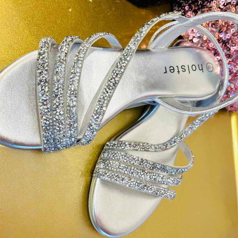 Party Silver sparkle low wedge heel sandals