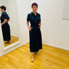 Navy Linen Shift Dress with sash. Collared. Button up front. Midi length.