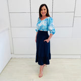 Navy Linen Ruffled Hemline Skirt