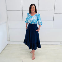 Navy Linen Ruffled Hemline Skirt