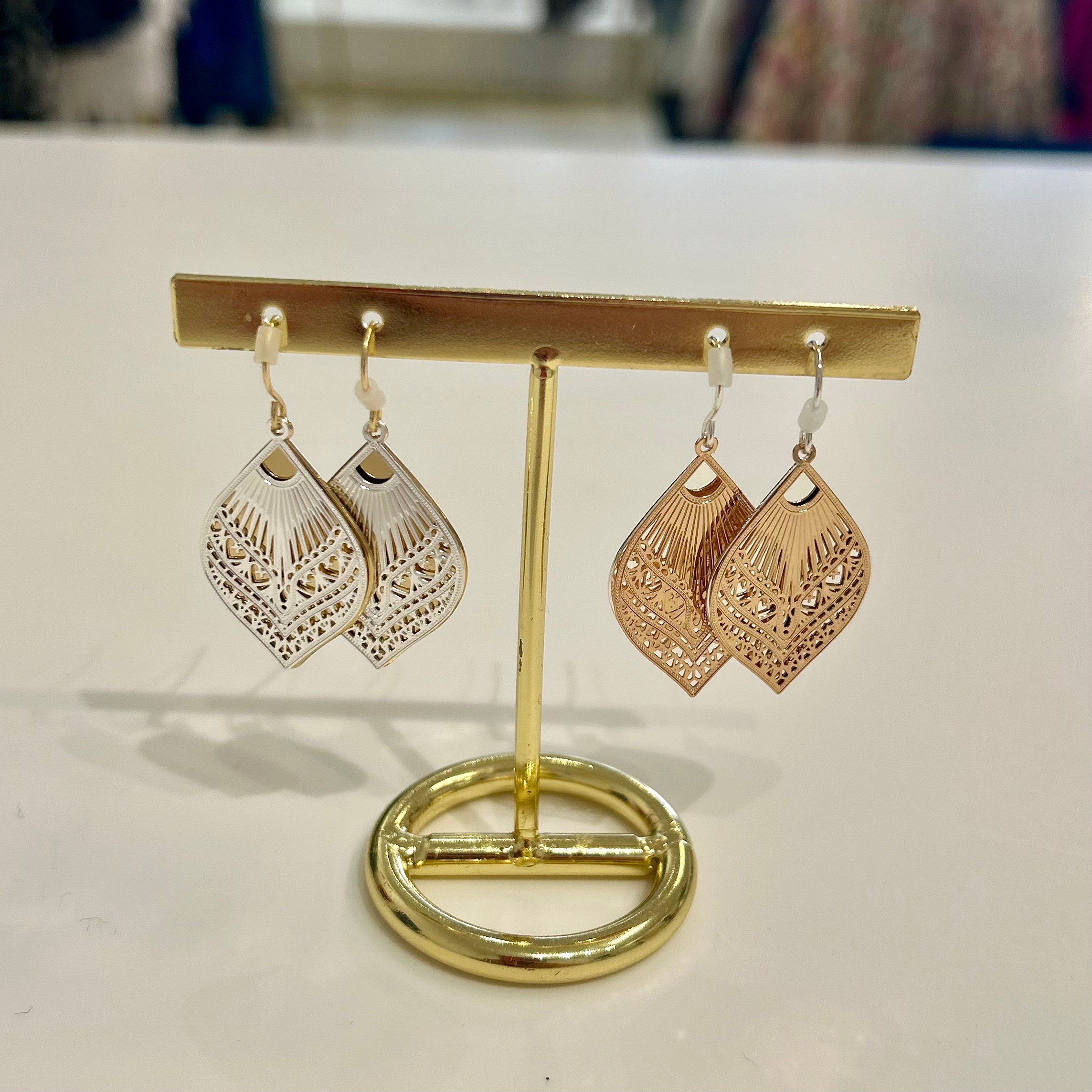 Silver Leaf Earrings with Rose Gold Filagree Overlay.