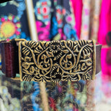 Coffee Floral Print Antiqued Buckle Belt