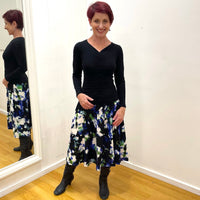 Abstract pattern skirt, of colours black, blue, white& green, midi length, a line skirt, with stretch elastic waistband.