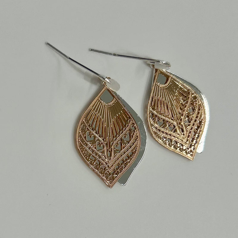 Silver Leaf Earrings with Rose Gold Filagree Overlay.