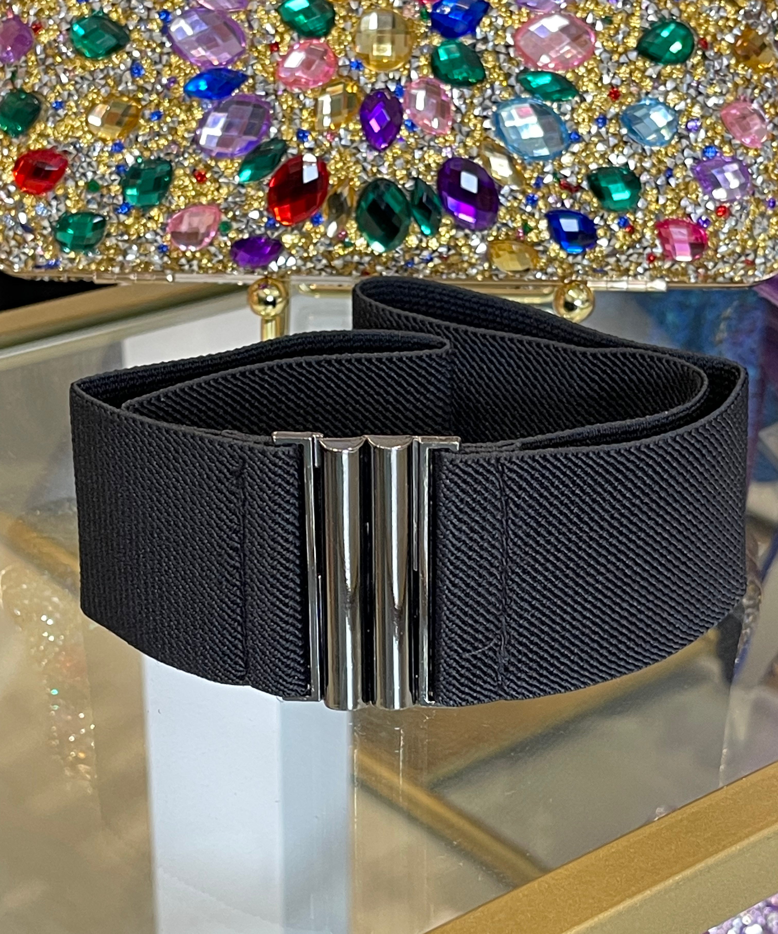 Chrome Buckle Black Stretch Belt
