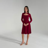 Woman wearing a burgundy dress on a plain background