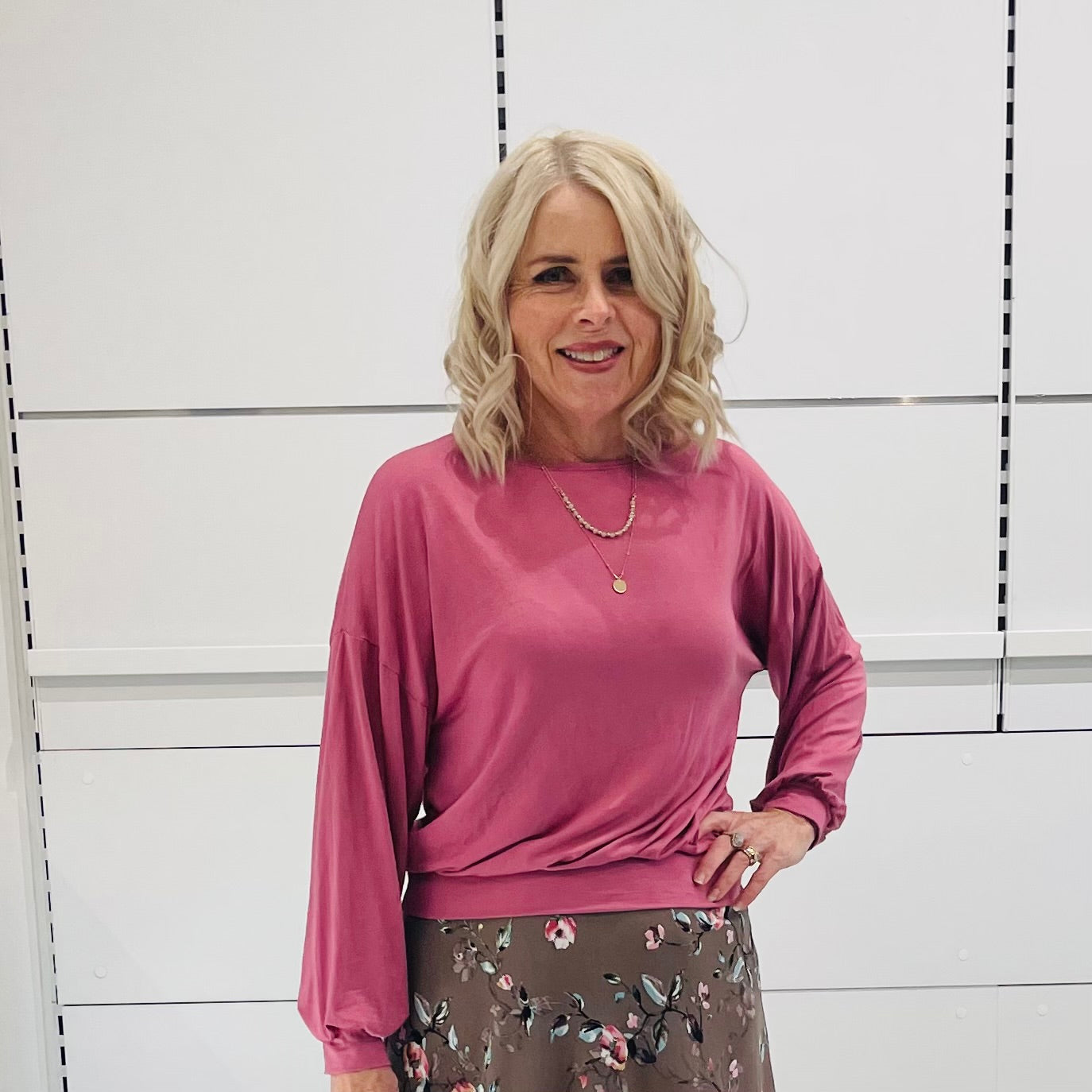 Rose pink bamboo, loose line, relaxed fit, stretchy, long sleeve with cuff, and waistband, for easy styling and shape.
