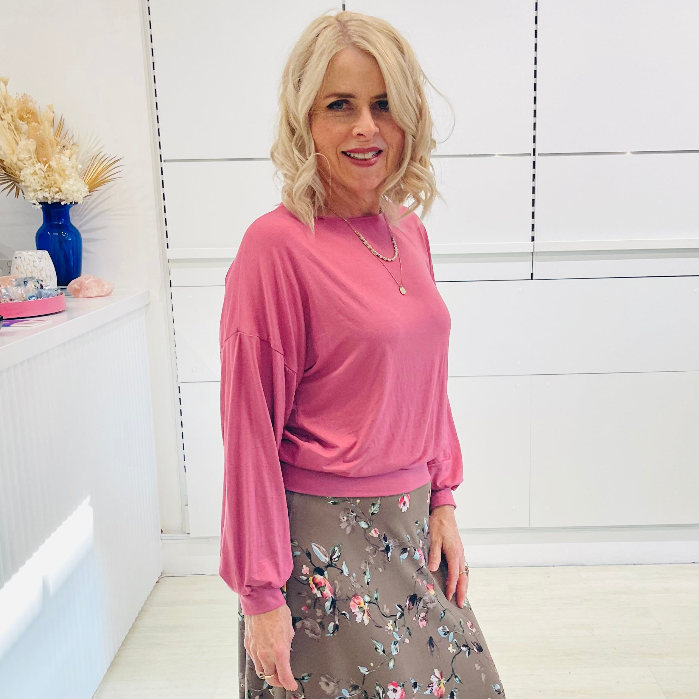 Relaxed fit, loose line, rose pink bamboo, long sleeve top with wrist cuff and waistband for easy styling and shape.