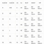 Size chart for clothing measurements in AUS/UK, US, EU, with corresponding bust, waist, and hip measurements.