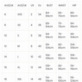 Size chart for clothing measurements in AUS/UK, US, EU, with corresponding bust, waist, and hip measurements.
