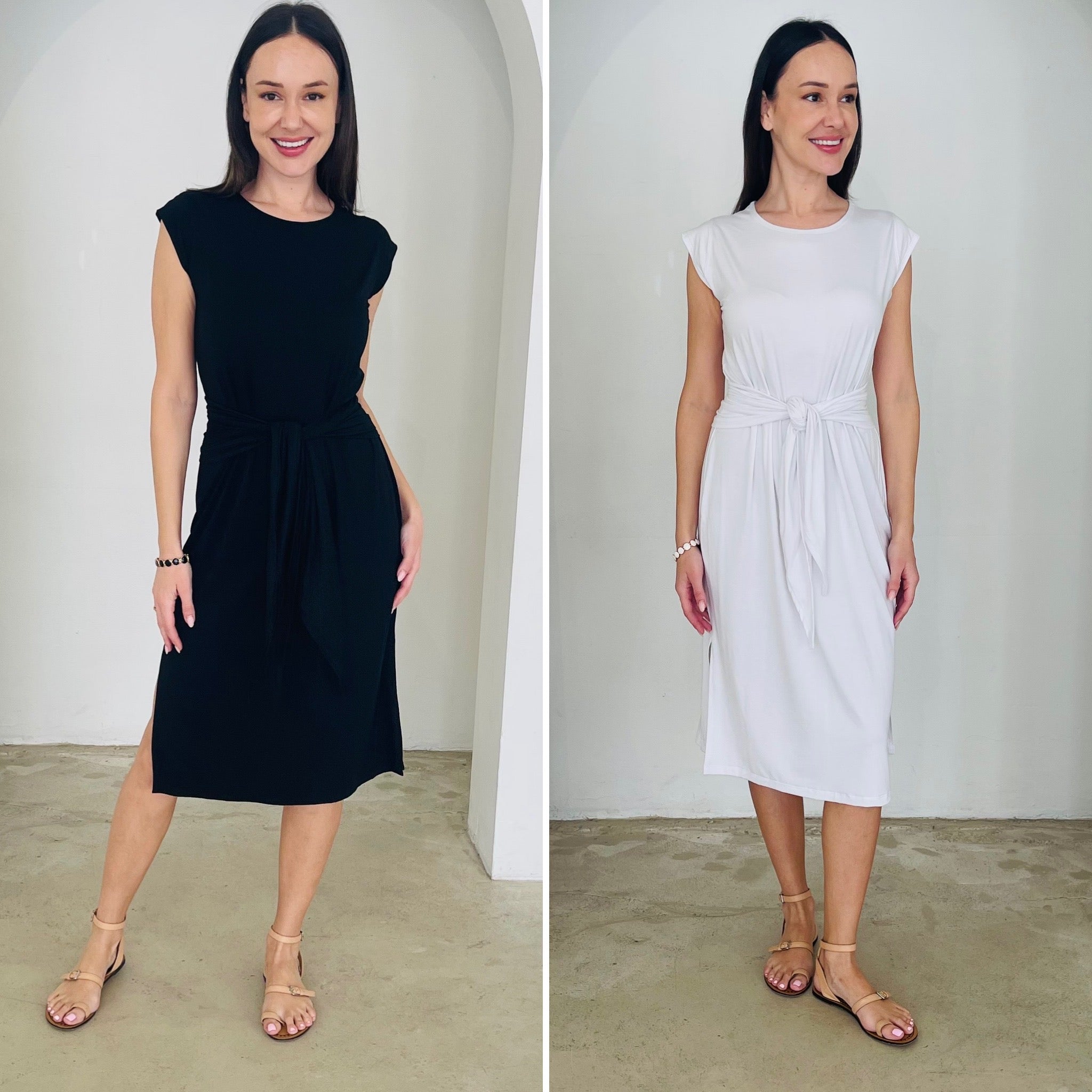 Side-by-side comparison of a woman wearing a black dress and a white dress against a plain background.
