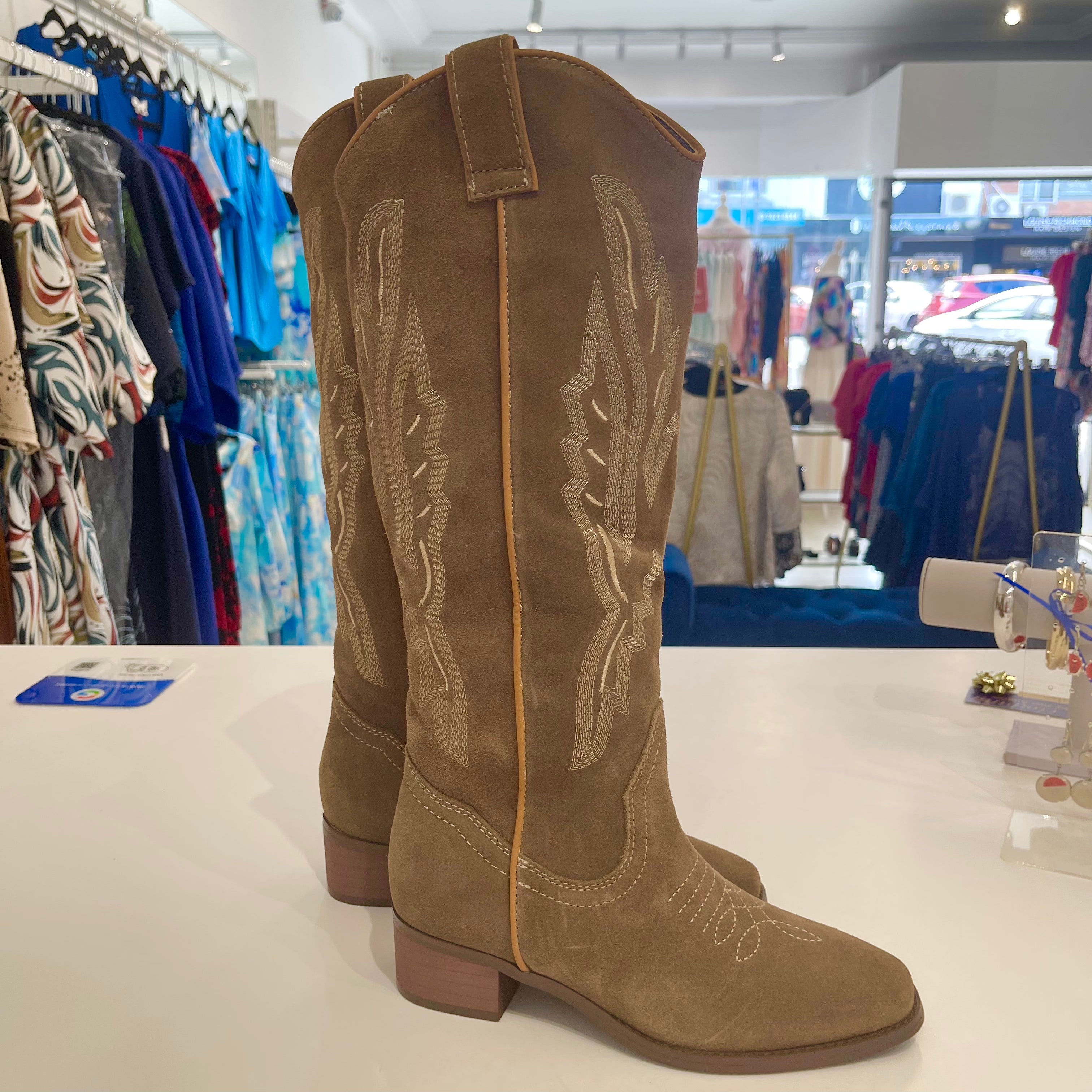Tan Beige leather suede soft cowboy style boots, with embroidered front and back, pull on style, with rounded toes.