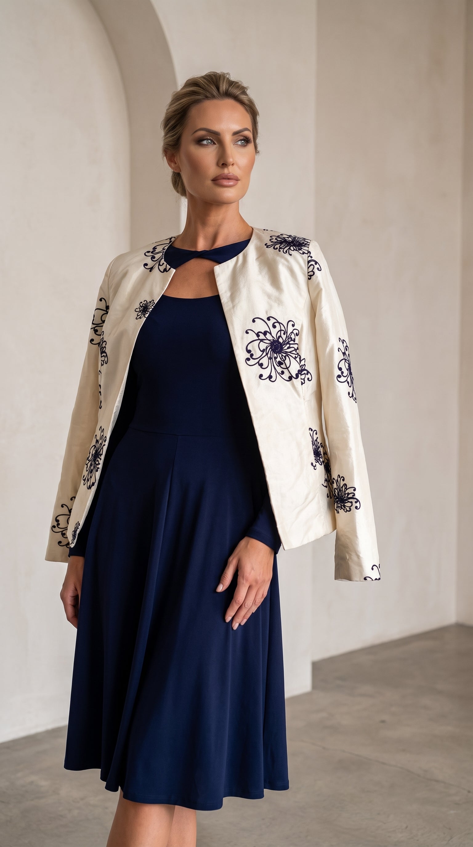 A woman models a navy blue midi dress with a keyhole cutout, styled with an off-white embroidered jacket featuring dark blue floral patterns, in a minimalist beige-walled room.