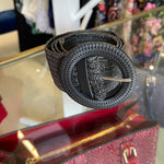 Black rattan, stretchy women's belt, 90 cm long, round buckle with silver coloured prong.